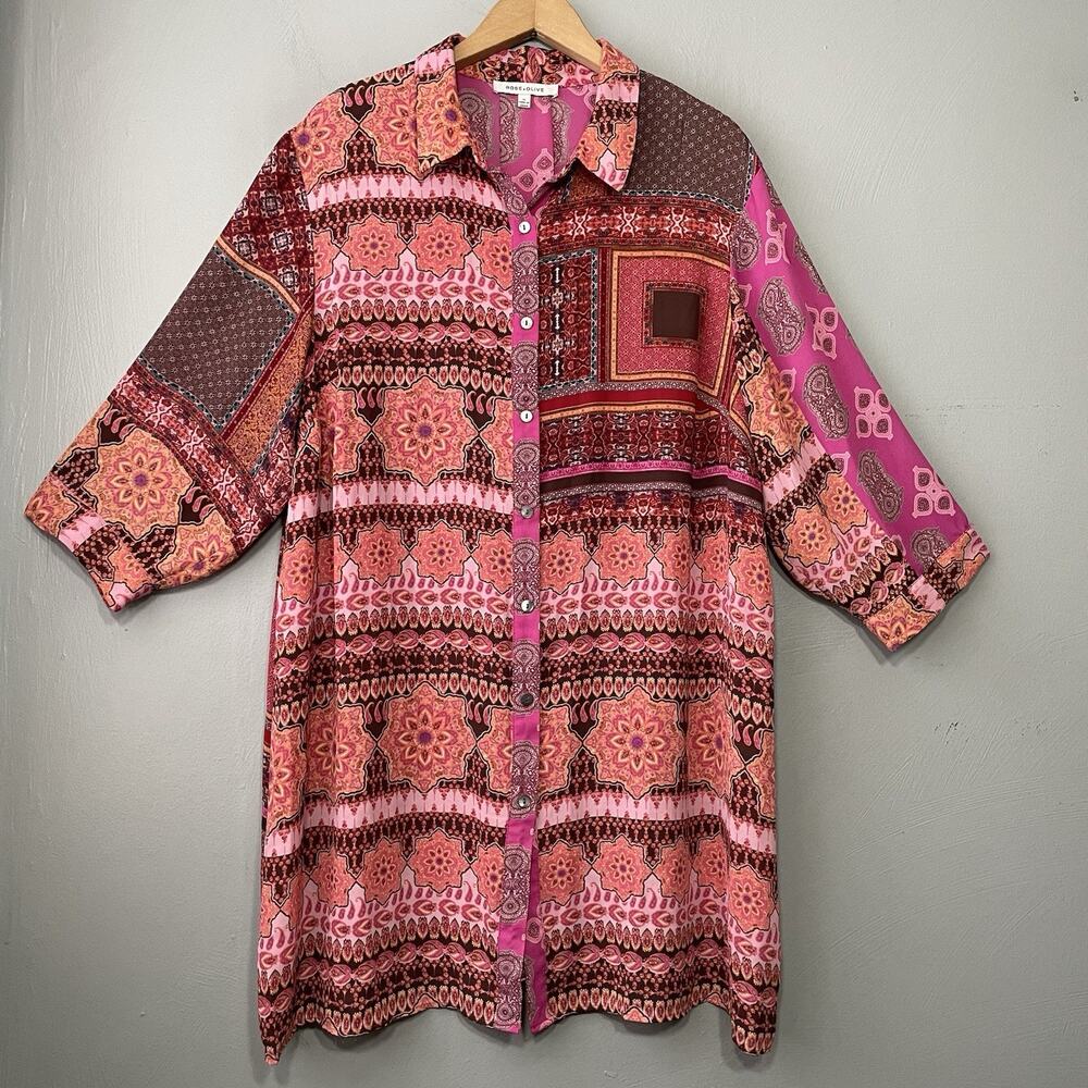 Rose & Olive Artsy Button Up Shirt Plus Size 1X Pink Boho Tribal Sheer Tunic